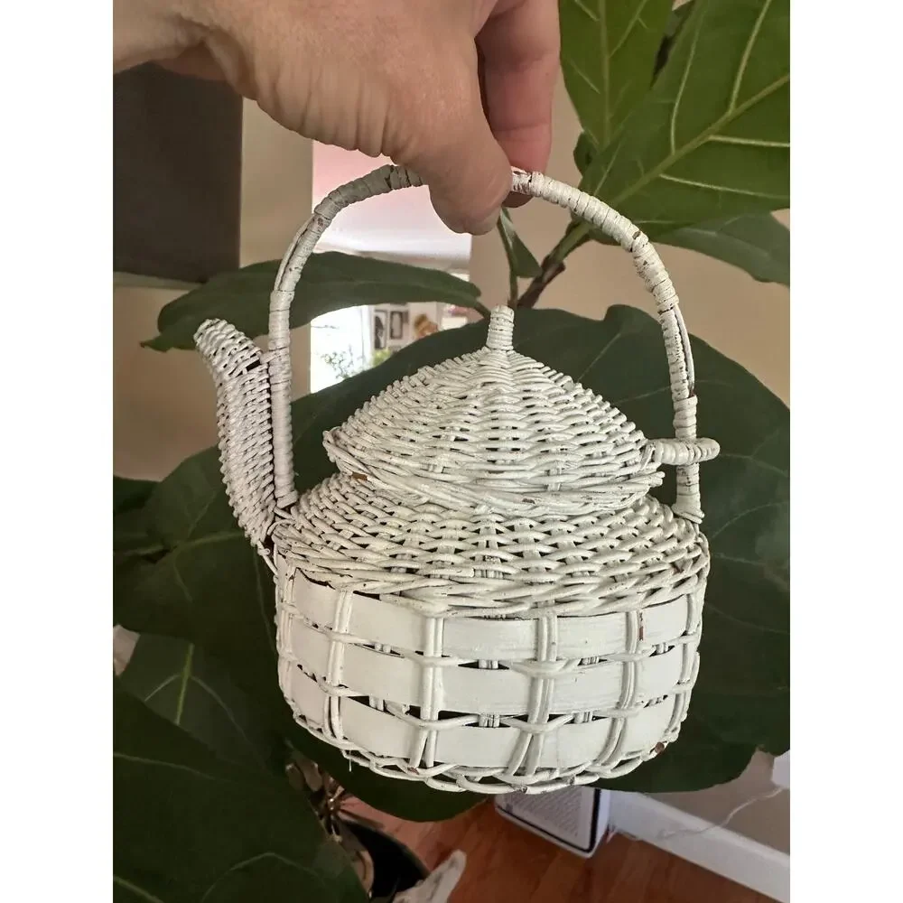 Vintage White Wicker Teapot Shape Basket Cottage Decor 6.5